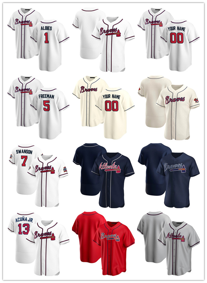 

Custom Mens women Youth Atlanta Braves 13 Ronald Acuna Jr. 1 Ozzie Albies 5 Freddie Freeman 7 Dansby Swanson Baseball Jersey, Blue;black