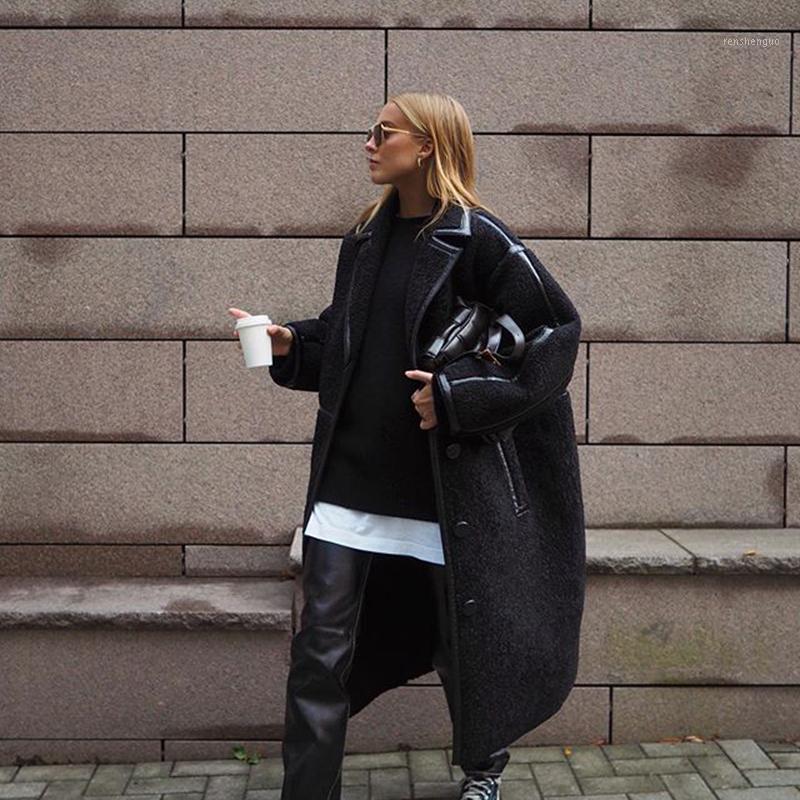 

Women's Wool & Blends Malina Turn Down Collar Coats Women Fashion PU Leather Patchwork Jackets Elegant Loose Long Female Ladies JN, Znwl1701h