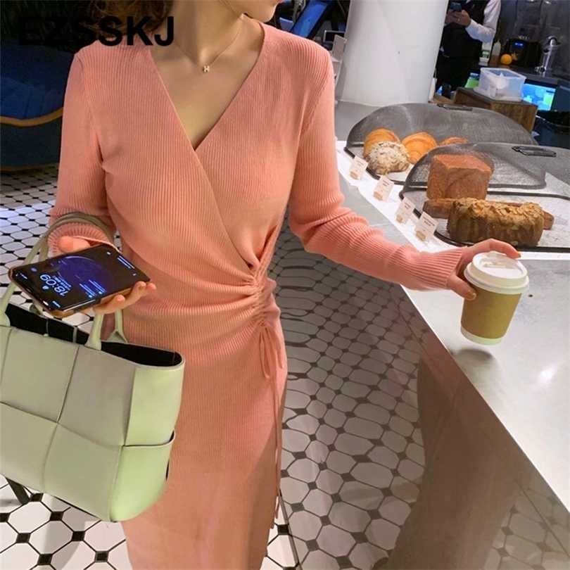 

pure thick dress warm autumn winter maix sweater women bodycon v-neck Drawstring long female slim elegant 211110, Beige