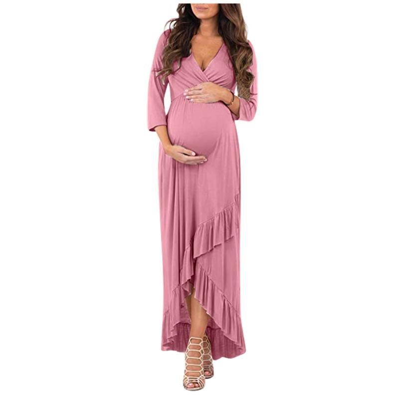 

2021 Maternity clothes ruffle maternity gown pregnant dress plus size V-Neck long sleeve dress, Khaki