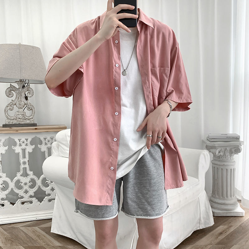 

2021 New Summer Men's Hawaiian Loose Pure Color Shirt Fashion Camisa Masculina Streetwear Shirts Large Size M-5xl 171f, Pink