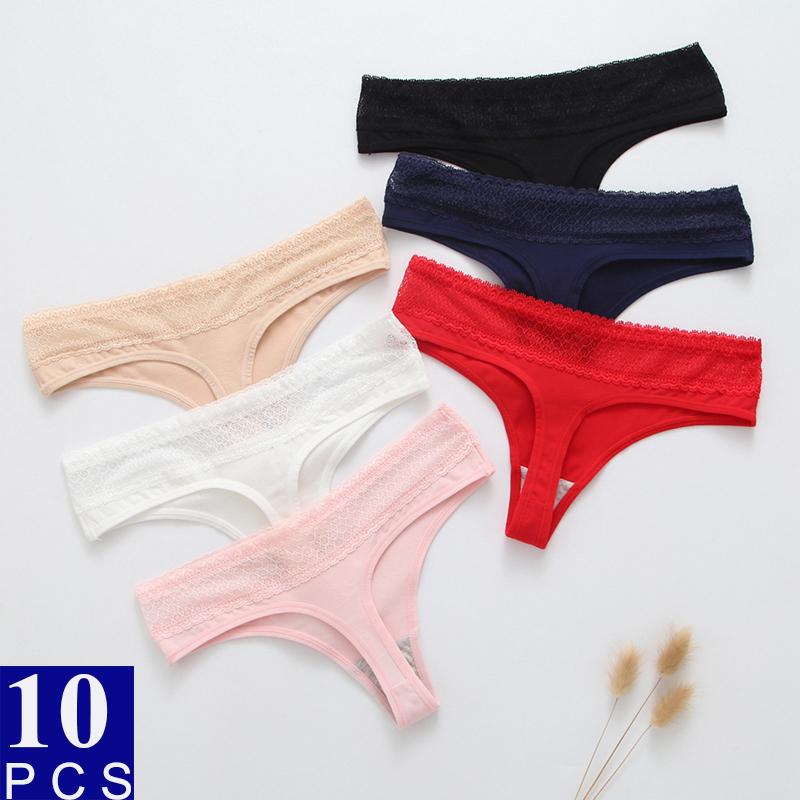 

Women's Panties 0.9/PC 10Pcs/Lot Lace Sexy Underwear Women Cotton Seamless Thong Tangas Stringi G String Femme, 10 lace navy