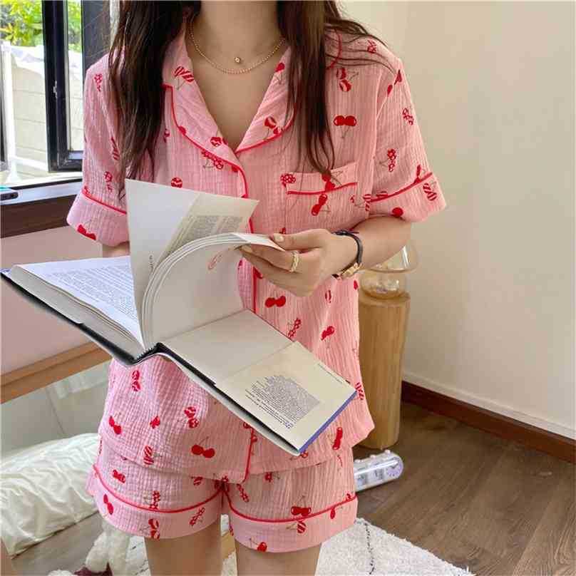 

Printed Cherry Casual Summer Loose Cotton Homewear All Match Comfortable Gentle Two Piece Pajamas Sets 210525, White