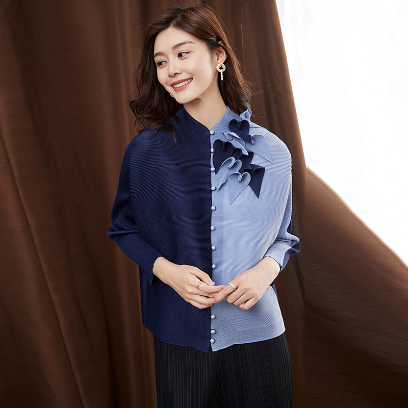 

2021 New Autumn Three-dimensional Tailoring Pleated T-shirt with Beads Long Sleeve Korean Fashion Button Up Aesthetic Flowers Tops 5ejv, Blue