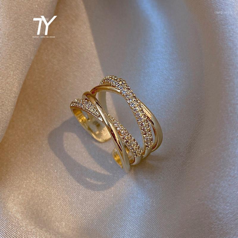 

Cluster Rings Advanced Sense Zircon Metal Cross Gold Opening Gothic Jewelry For Woman Korean Fashion Accessories Girl's Luxury Ring Set, Golden;silver