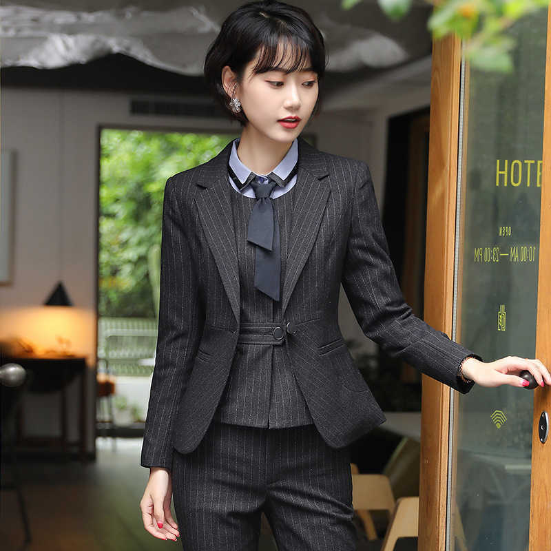 

Professional wear women's suit fashion temperament striped trousers skirt self-cultivation office interview set 210527, Jacket-1