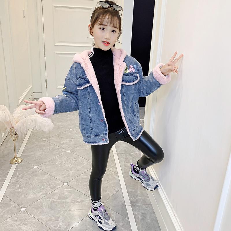 

Jackets Children Hooded Fleece Denim Jacket Cartoon Designer Cardigan Coat Boutique Princess Vintage Outerwear Warm Chaquetas 110-160, Blue;gray