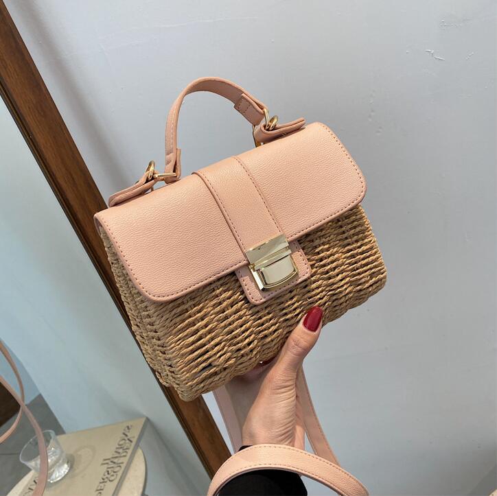 

Wholesale factory ladies shoulder bags summer sweet and lovely straw handbag fashion seaside holiday lock woven bag stereotypes simple contrast leather handbags