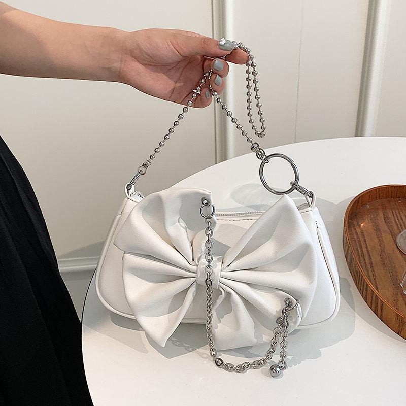 

Evening Bags Sweet Girls Big Bows Cute Bag For Ladies Metal Chains PU Leather Women White Crossbody Korean Fashion Armpit Uncle Nine, Black