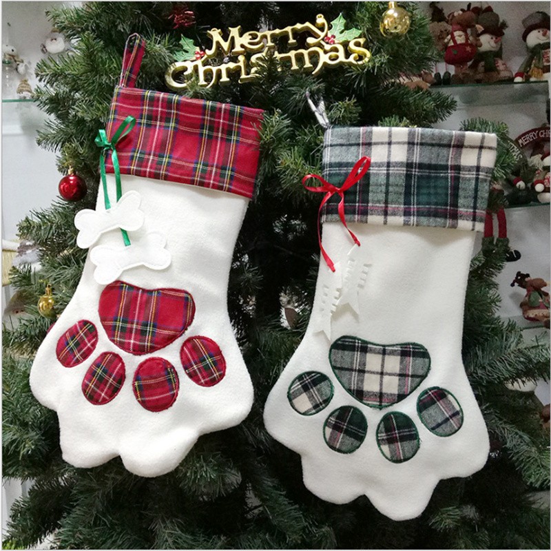

Christmas Stocking Monogrammed Pet Dog Paw Gift Bag Plaid Xmas Stockings Christmas Tree Ornaments Decorations Party Decor 2 Styles