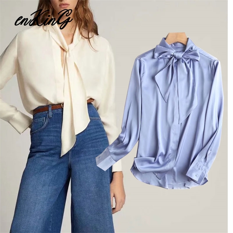 

england style office lady satin bow solid za blouse women blusas mujer de moda kimono shirt womens tops and blouses 210628, Begie