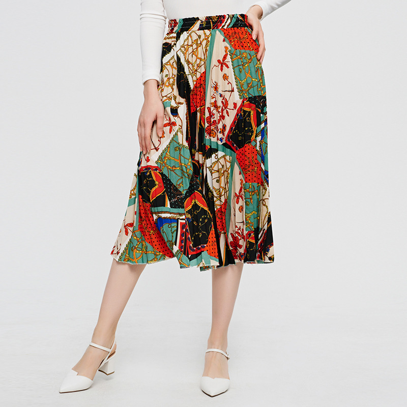 

2021 New Spring Summer Pleated for Printed A-line Women Skirts Ladies High Waist Casual Midi Skirt Iev7, 01