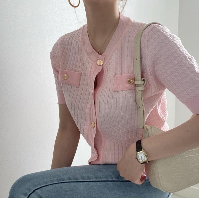 

Women's Knits & Tees Chic Korean Summer Gentle Sweet Slim Pink V Neck Short Sleeve Cardigan Jacket Thin Fashion Knitted Tops Sweaters&Jumper, White
