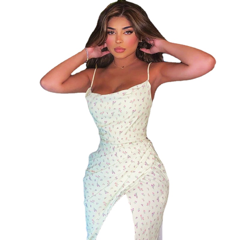 

NewAsia Floral Summer Party Dress Women Spaghetti Straps Cowl Neck Prairie Chic Wrap Dress Long Side Split Pleats Print Yellow Dresses