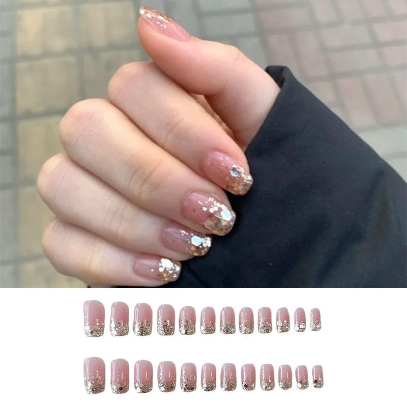 

False Nails 24pcs/Box Press On Full Cover Artificial Detachable Wearable Nail Tips Glitter Round Head Fake, Red;gold