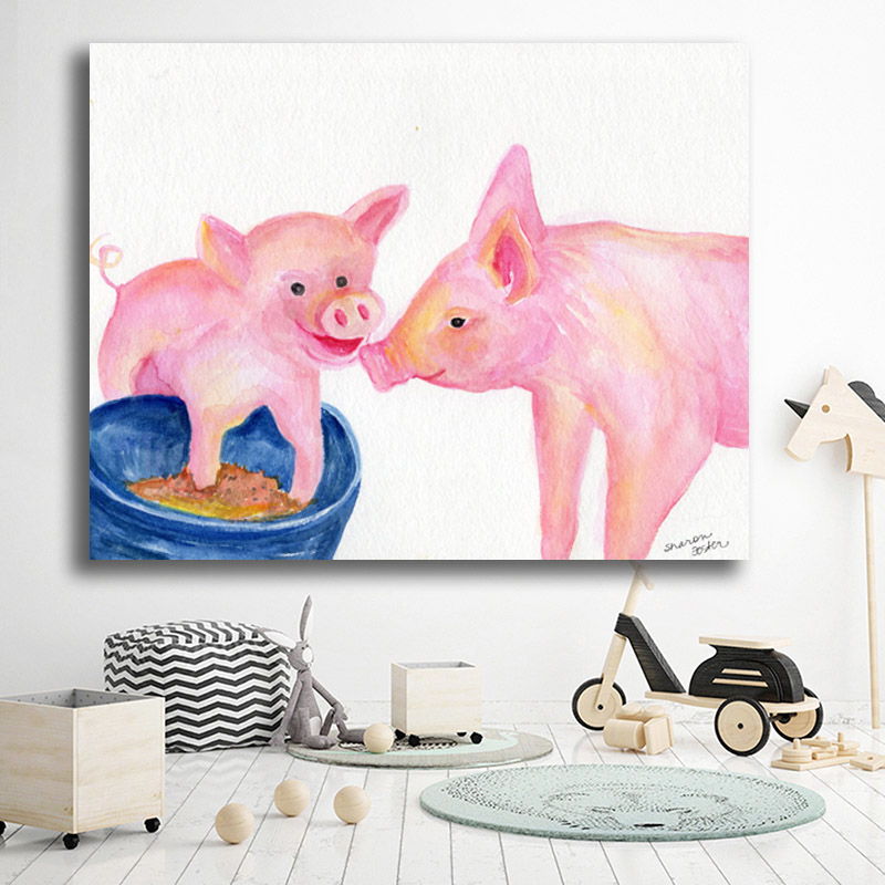

Cartoon Decoration Painting Wall Art Cute Pink Pigs Parent-child Pictures Home Kid's room Decor Print on Canvas No Frame