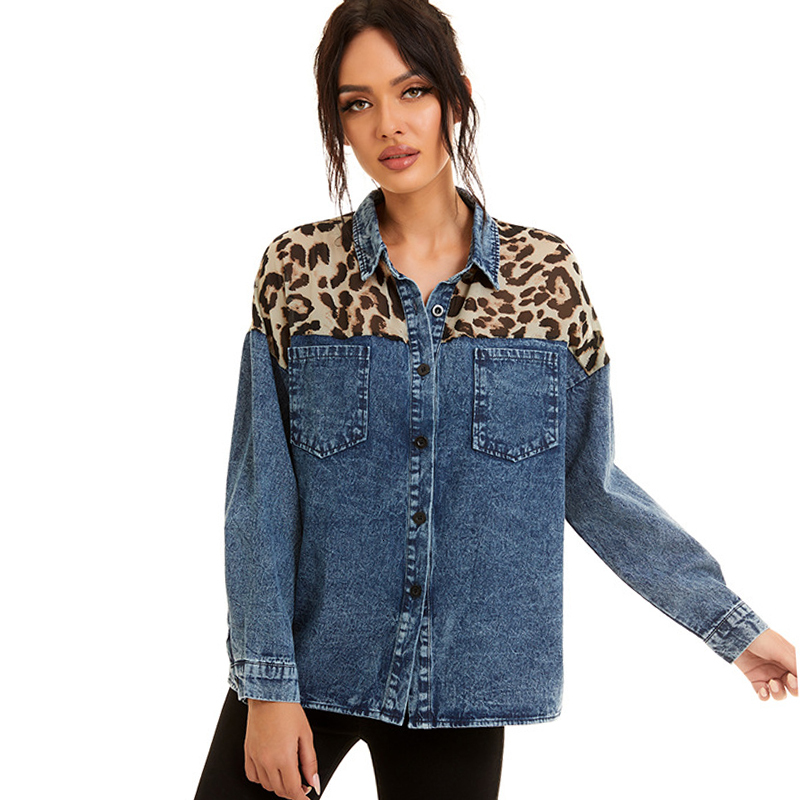 

2021 Vintage Spliced Leopard Print Snow Blue Denim Women Blouse Tops Autumn Long Sleeve Loose Office Lady Shirt Jacket Female M9vh