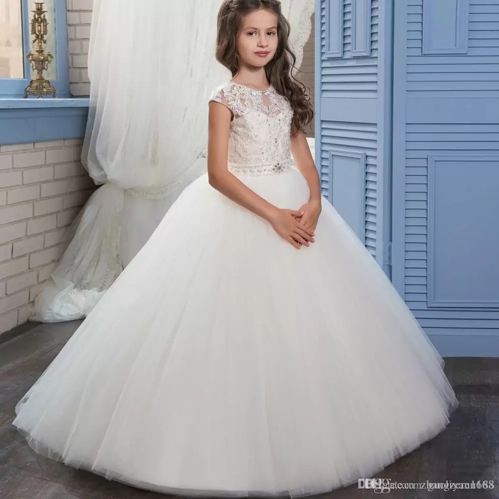 Robes de première Communion en dentelle élégante pour filles, robe de bal bouffante en Tulle avec ceinture perlée, longue robe de concours pour e