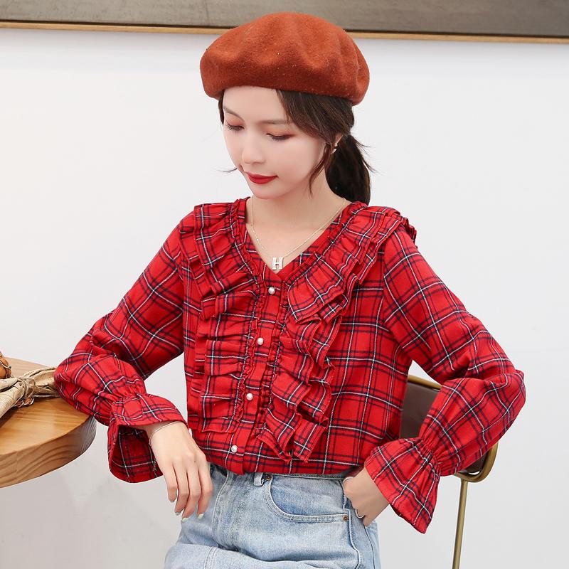 

Women' Blouses & Shirts LUKAXSIKAX 2021 Spring Autumn Women Loose Long Sleeve Shirt Fashion Ruffles Red Plaids Chiffon Casual Tops