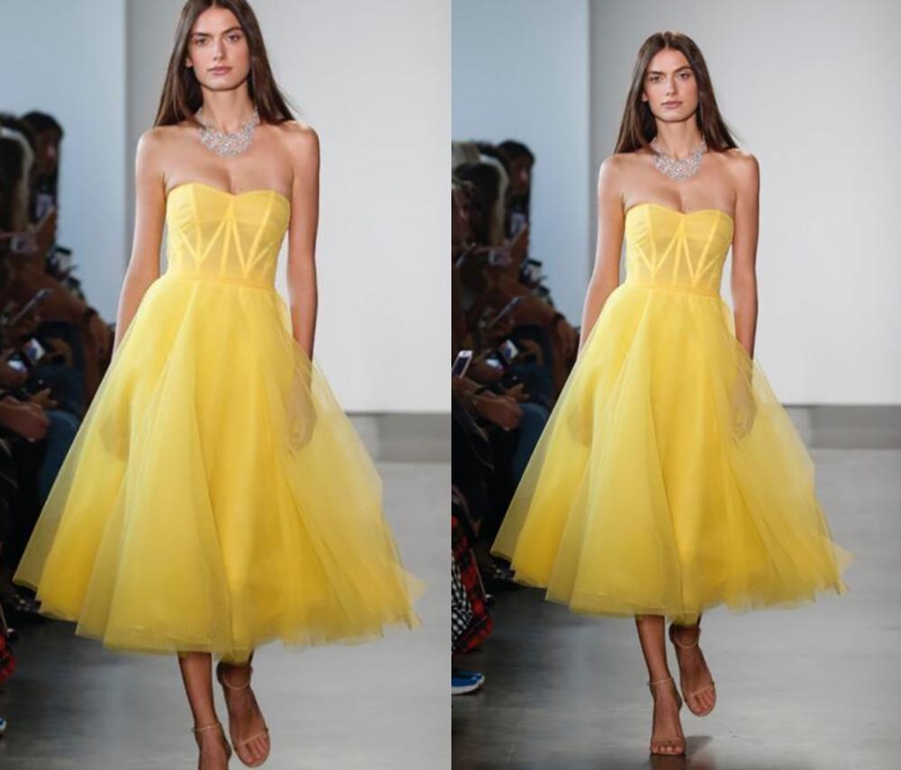 

2021 New Strapless Tea Length Yellow Evening Formal Elegant Prom Party Gown Vintage Vestido De Noche Cz54, White