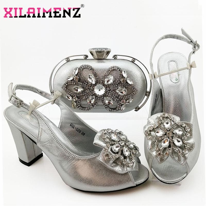 

Dress Shoes Silver Color Fashion Wedding Lady And Bag Set Latest Mature Style Women Pumps To Match For Party, Gold