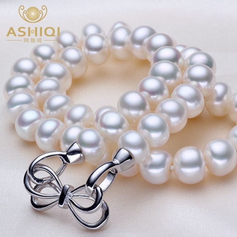 

ASHIQI 100% AAAA white10-11mm Big Pearls, Natural Freshwater Pearl Necklace For Women 925 sterling silver jewelry mother gift