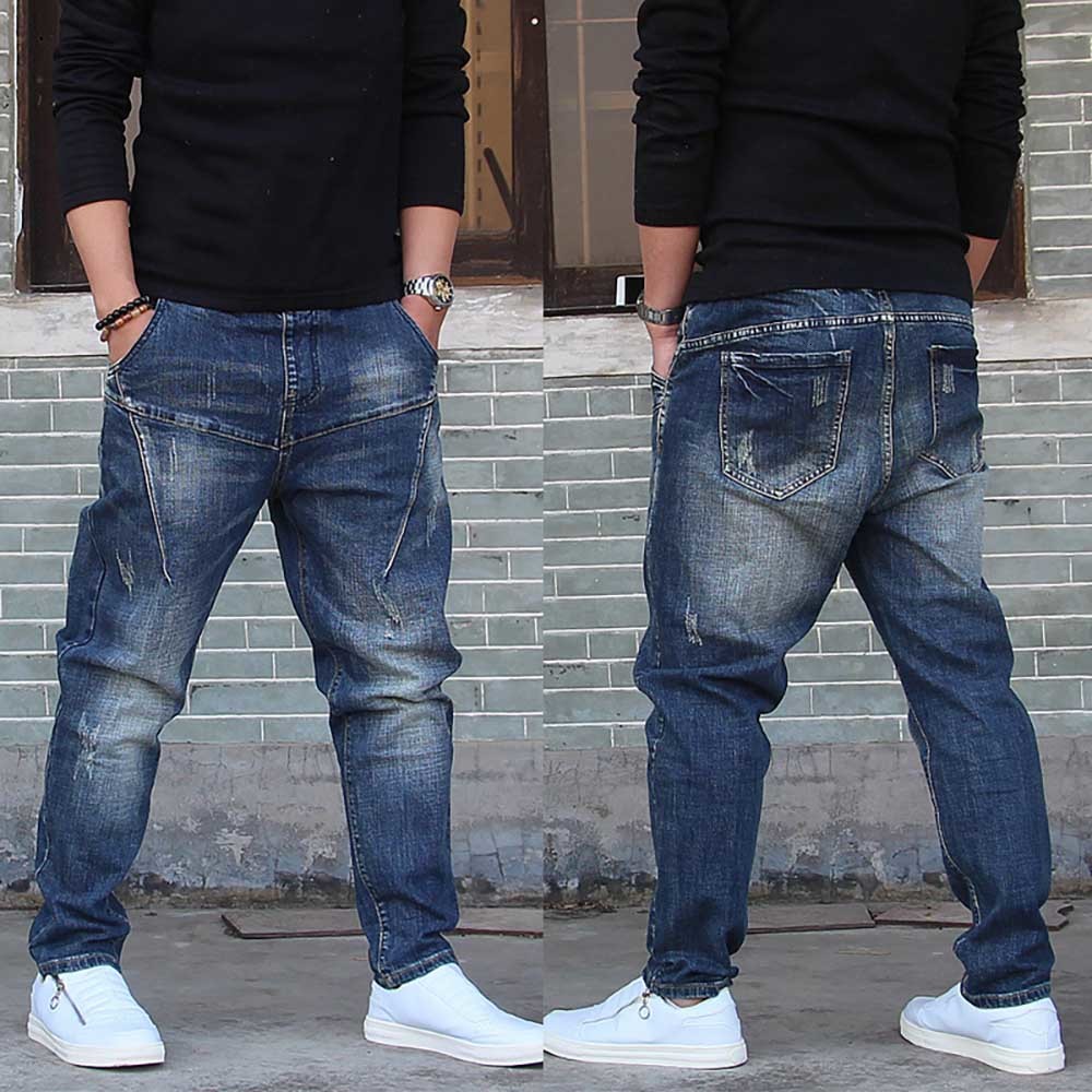 

2021 New Mode Harem Male Denim Loose Cotton Baggy Hip Hop Pants Korean Jeans Corridors Men's Clothes Lm85, Blue.