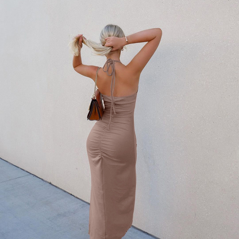 

lace up women dstring halter midi dress ruched hollow out bodycon streetwear party club elegant 2021 summer slim, Black;gray