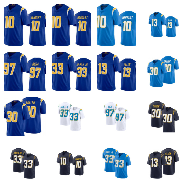 

10 Justin Herbert 97 Joey Bosa 33 Derwin James JR 13 Keenan Allen 30 Austin Ekeler, Black;red