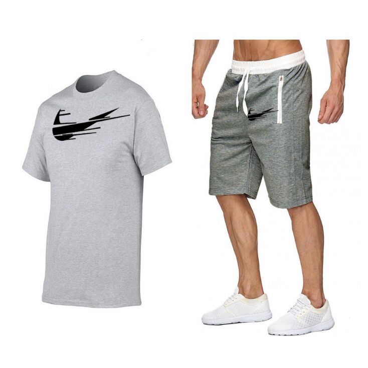 

2021 Summer 100% Cotton Men Casual 2Piece Set Tracksuit Men Short Sleeve T-Shirt + Shorts Sets Suit Fashion Wild Sportswear Male, Gray