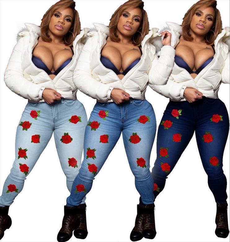 

Stretch Flower Print Jeans Elastic Women Shorts Blue Pencil Denim Pants Rose Pattern Pantalon Femme Trousers, White;black