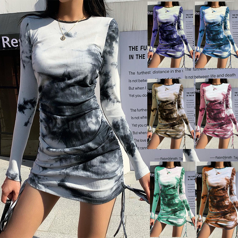 

2021 New Tie Dye Print Long Sleeve Bodycon Elegant Drawstring Ruched Mini Party Ladies Black White Casual Autumn Women E1nv, Blue