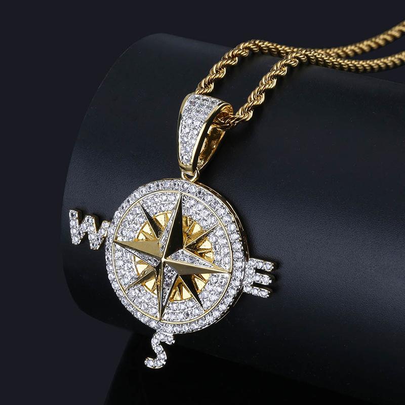 

Pendant Necklaces Bling Micro Paved Cubic Zirconia Gold Color Round Compass Necklace Hip Hop Copper Jewelry For Men Women