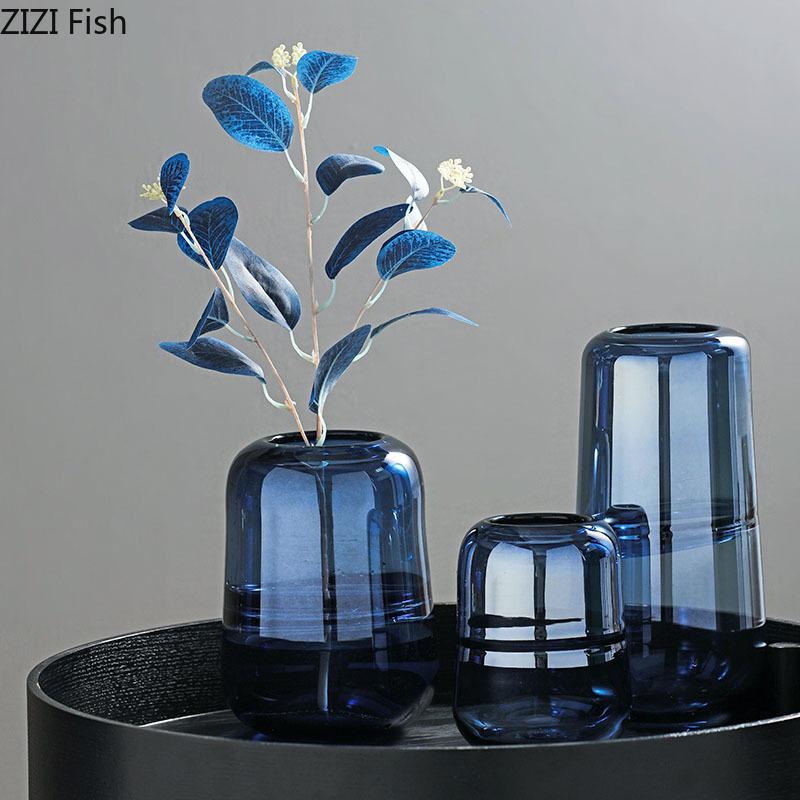 

Vases Simplicity Blue Glass Vase Desktop Decor Hydroponics Transparent Flower Pots Decorative Modern Home Decoration