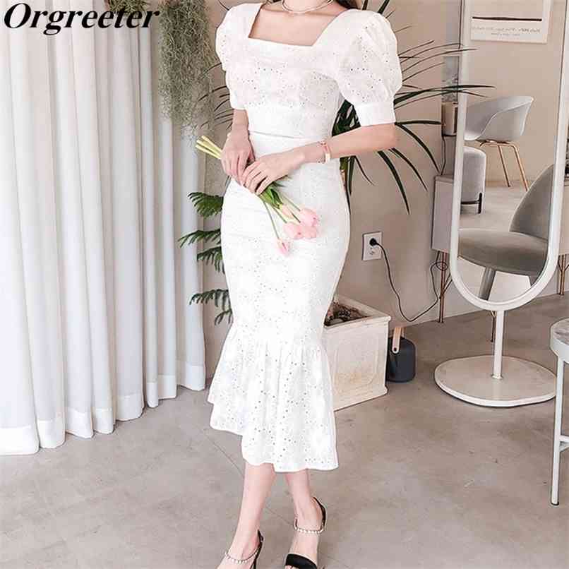 

Embroidery Hollow White 2 piece set Women's Summer Square collar Short Sleeve Cropped Tops and Long Maxi Mermaid Skirt Suit 210602