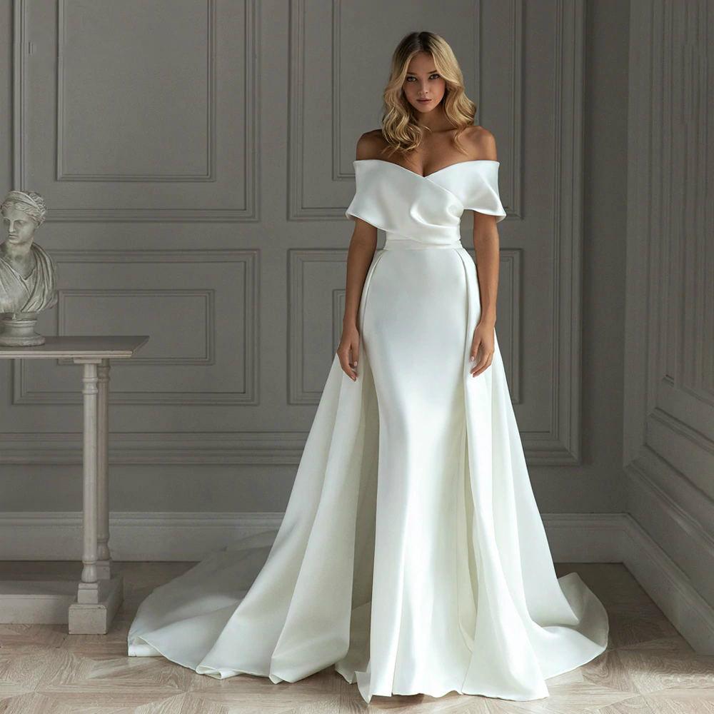 

2021 Satin Mermaid Wedding Dress With Detachable Train Off Shoulder Floor Length Bride Dresses Vestido De Noiva, Hunter green