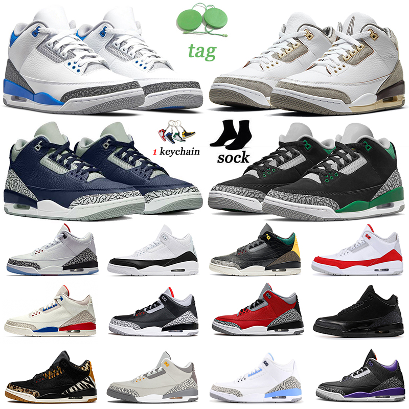 

3s Jumpman 3 Men Basketball Shoes Pine Green Midnight Navy Medium Grey Racer Blue Court Purple Black Cat Fire Red Pure White Mens Trainers Outdoor Sports Sneakers, 3s fire red denim