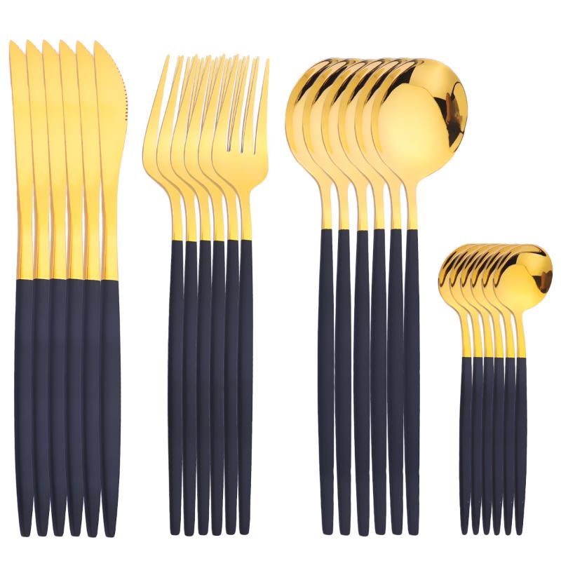 

Dinnerware Sets 24PCS Black Gold Flatware Set Cutlery Stainless Steel Mirror Knife Fork Spoon Kitchen Dinner Tableware