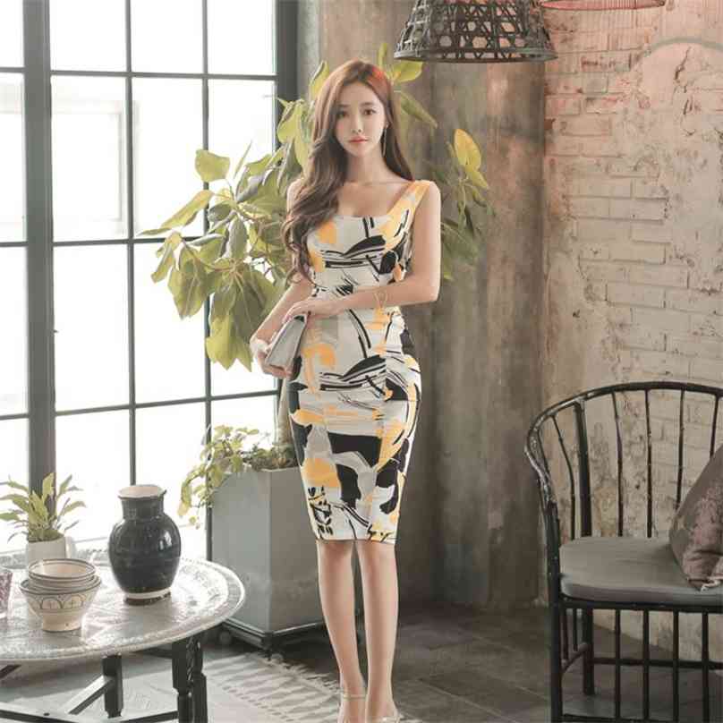 

elegant print Midi tight Dress korean ladies Summer Sleeveless yellow party sheath Dresses for women clothing 210602, The picture color