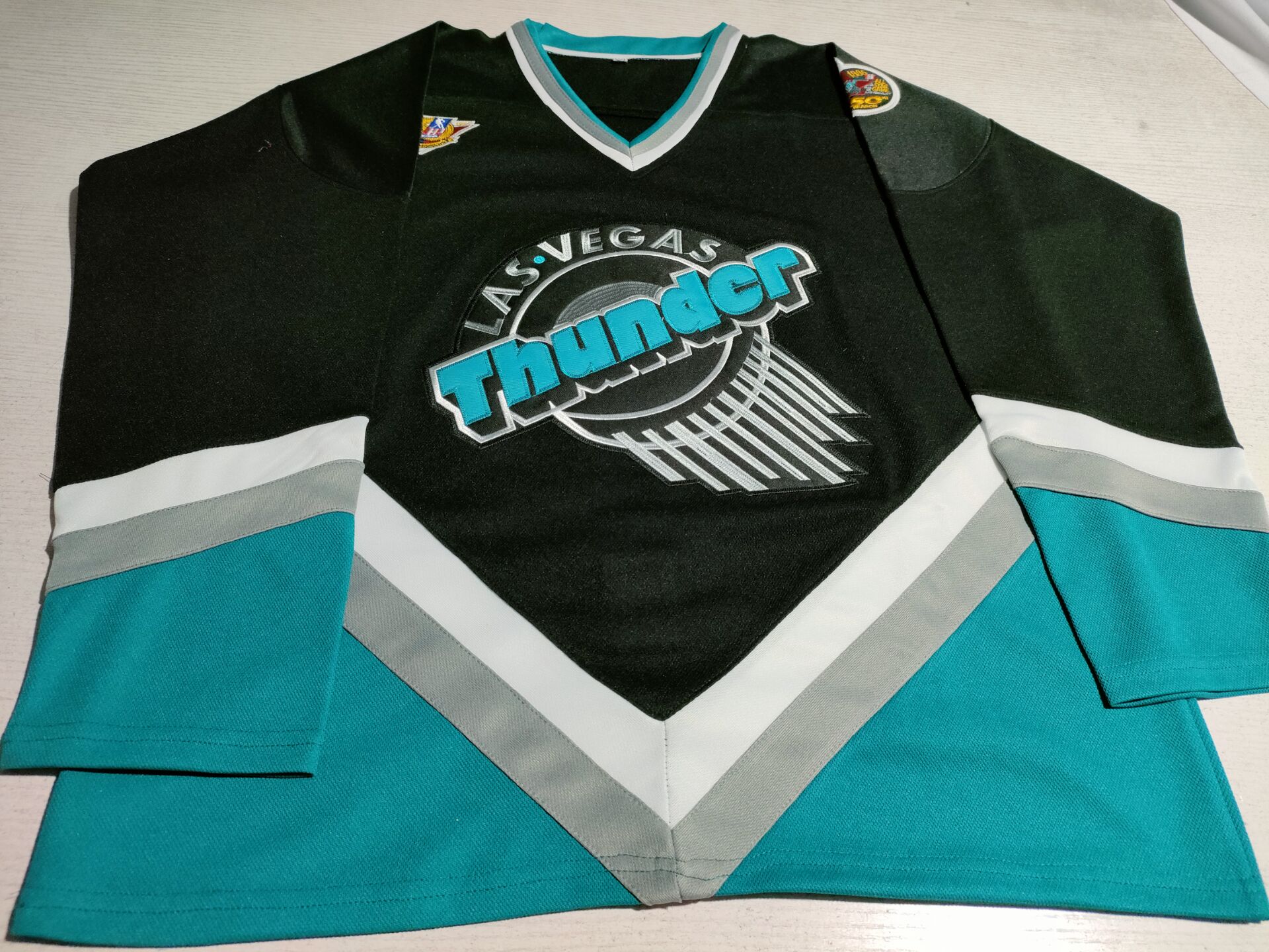 

Custom Vintage 1994-95 Bob Joyce Las Vegas Thunder Game Hockey Jersey Thunder 50 year IHL Anniversary Stitched any name and number Size S-6XL, Black
