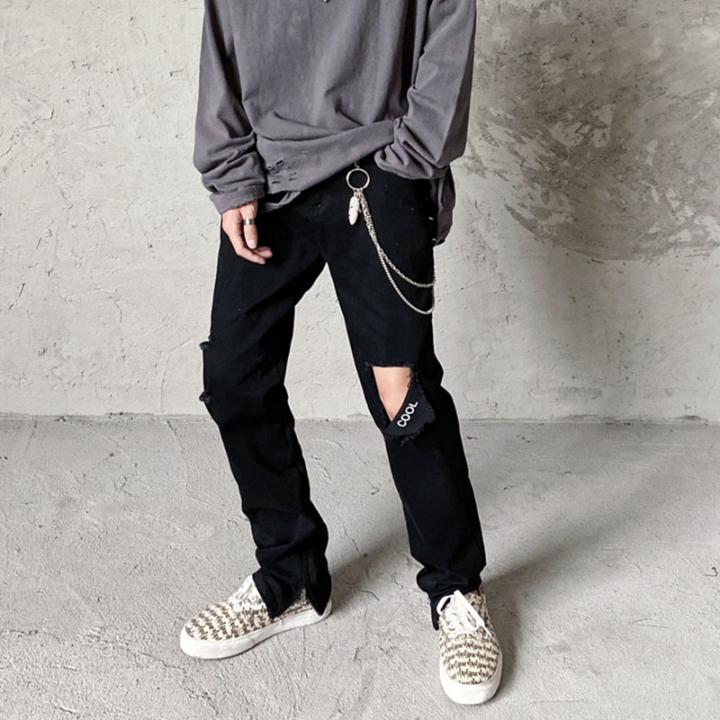 

2021 New Joelho Buraco Emendado Afligido Jeans Harajuku Dos Homens Em Linha Reta Lavado Preto Lpis De Alta Rua Solto Casual Denim Calas E5ub, Black