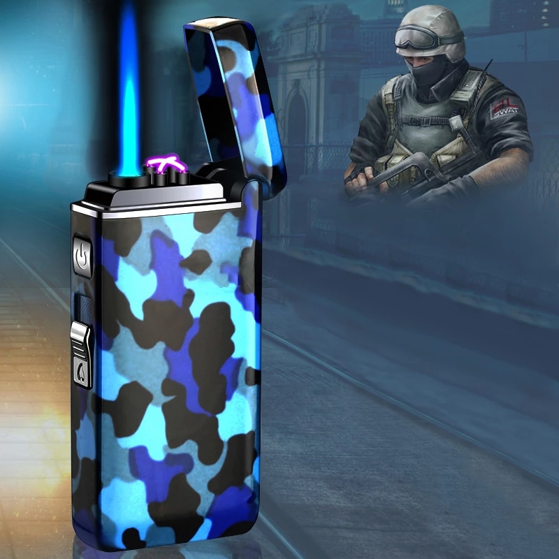 New Windproof Camouflage USB Lighter Jet Double Arc Gas Butane Torch Lighter Inflatable Rechargeable Electric Pipe Cigar Lighter Gadgets-image-739752104