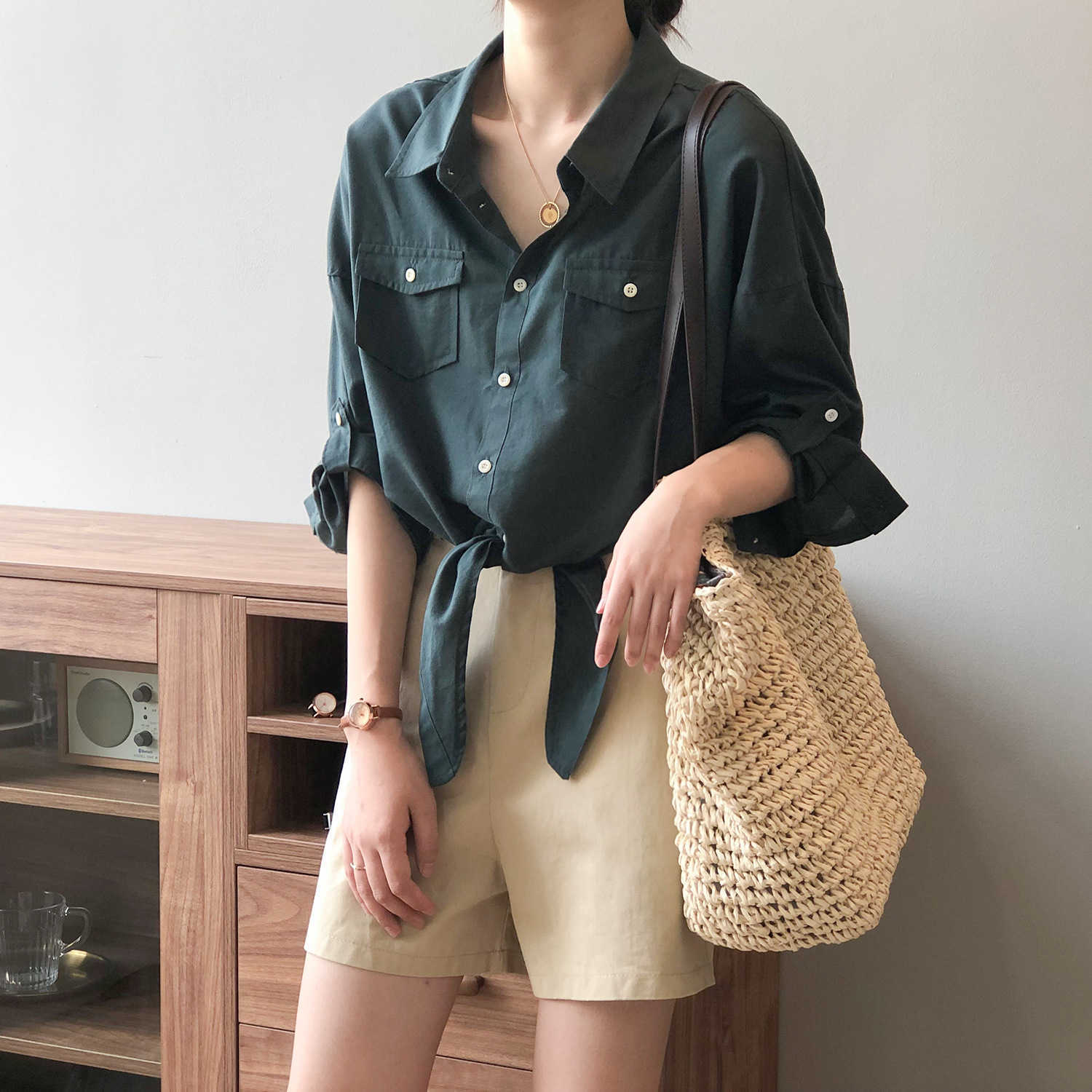 

Autumn Retro Loose Lace-up Shirt Women's Buttoned Up Casual Blouse Tied Waist Elegant Blouses For Women 210607, Dark green