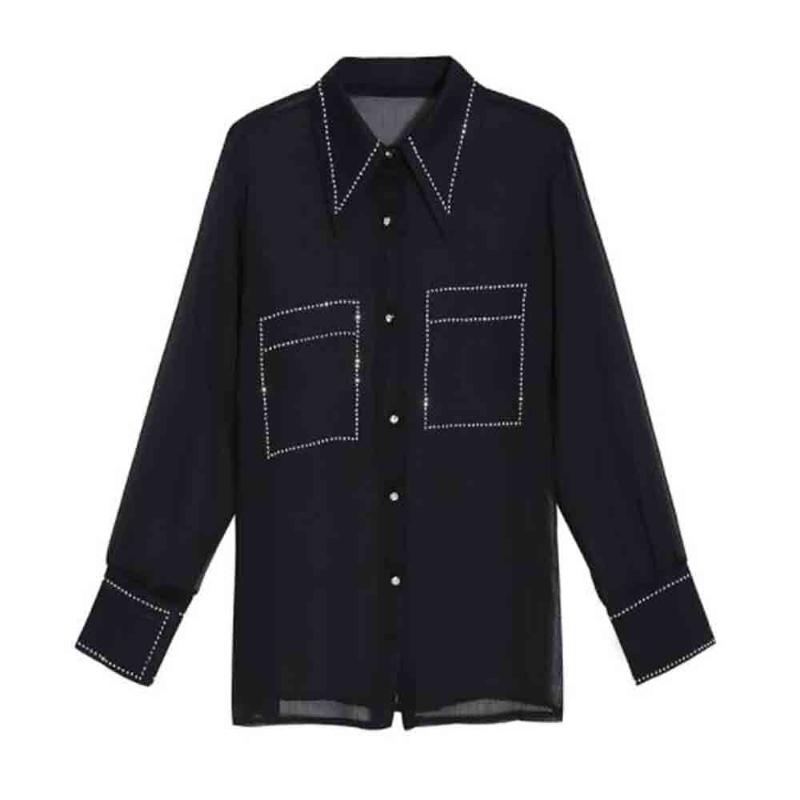

Women's Blouses & Shirts Women Turn Down Collar Single Breasted Metal Diamonds Long Sleeve Loose Chiffon Tops Female Office Work Party, Black