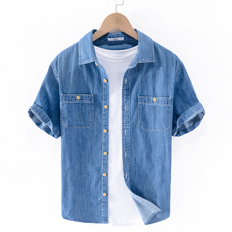 

2021 Summer New Style 100% Cotton Blue Short Sleeve Denim Shirts for Men Fashion Comfortable Shirt Mens Camiseta Overhemd Qsiw, Dark blue