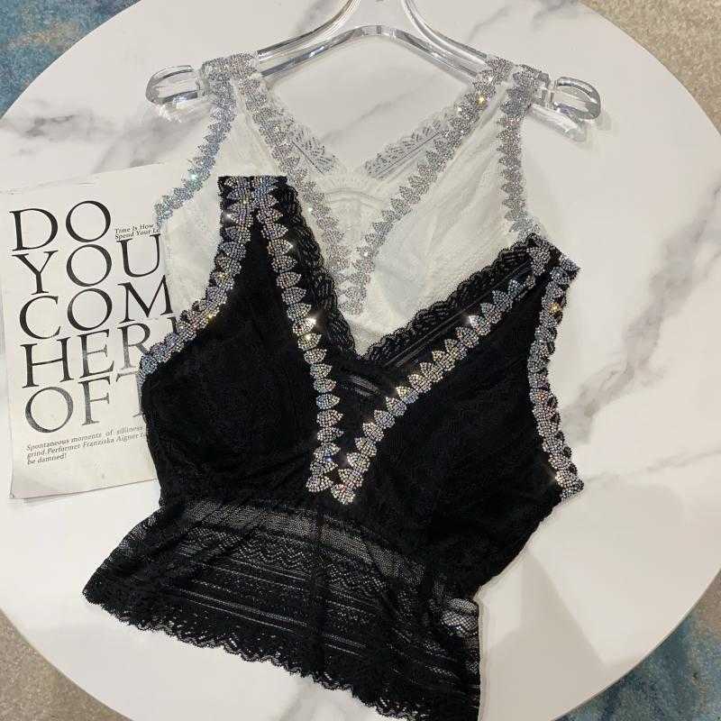 

Fashion Sexy Women Lace vest Tank Top Bra Vest Crochet Cropped top Padded V-neck Beading 210601, White