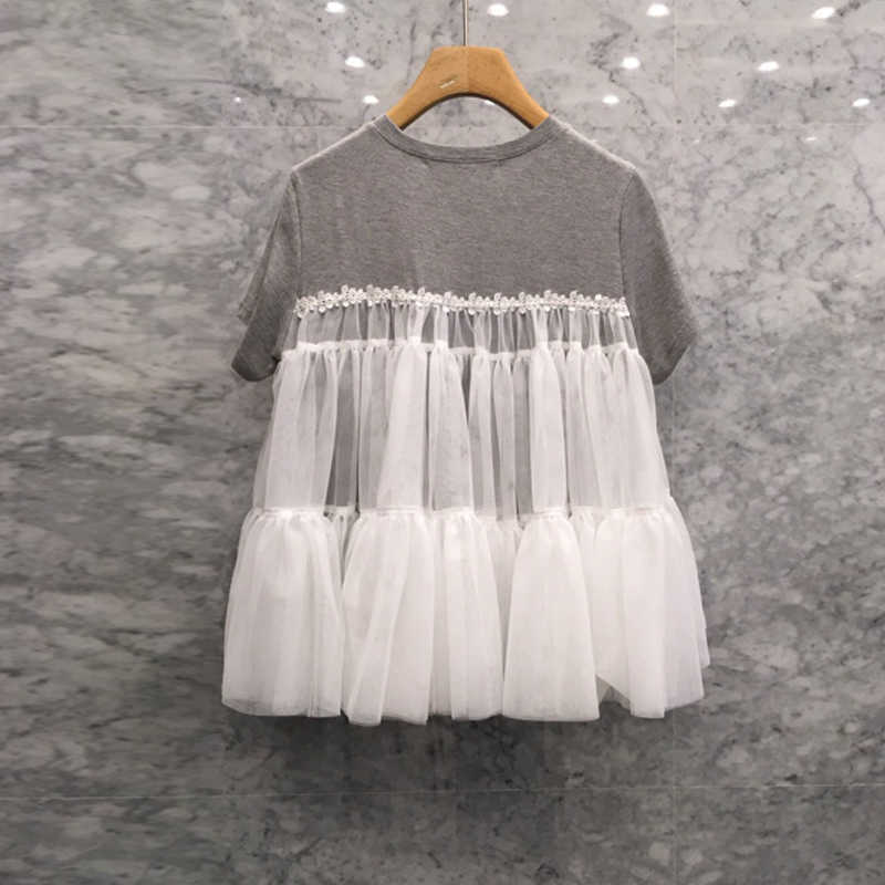 

Two Pieces Mesh Lace Patchwork O Neck T-shirt Loose Summer Women Tops 210615, Black