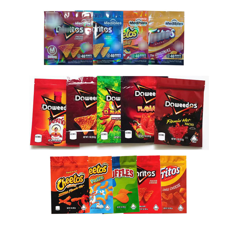 

Empty Edibles Snack Packaging Bag 600MG Doweedos 500MG Medibles Cheetos Mylar Resealable Flamin Chili Cheese