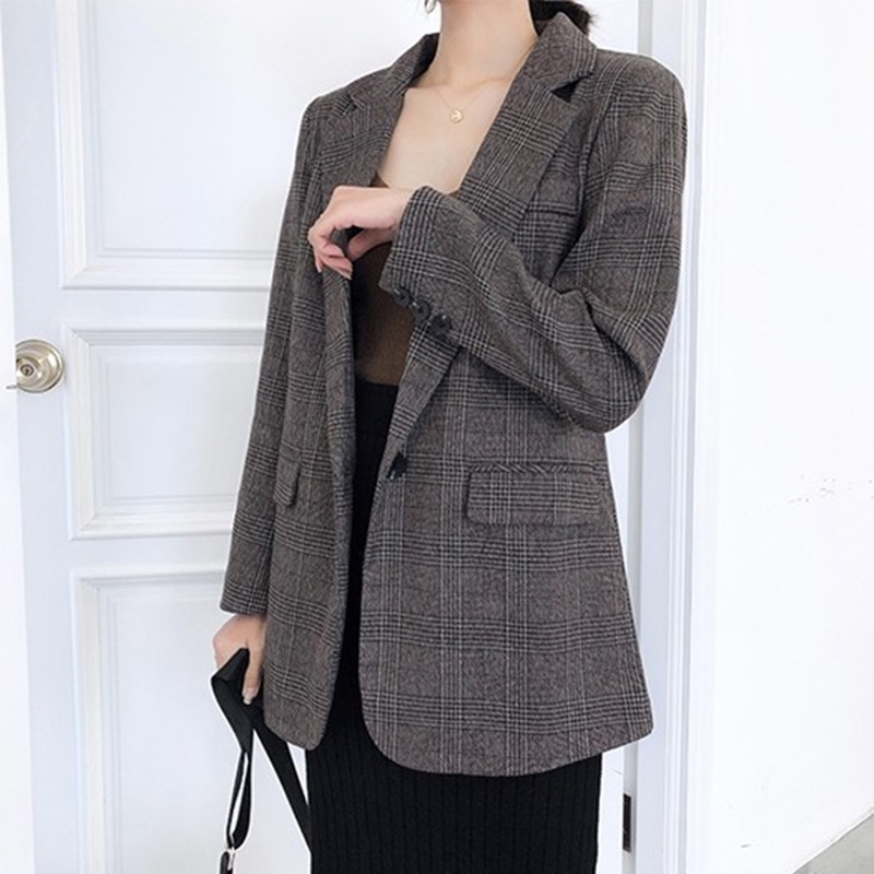 

Women Autumn Plaid Vintage Lattice Suit Jacket High Quality Korean Style Single Breated Coat Leisure Loose Streetwear 210525, Picture color