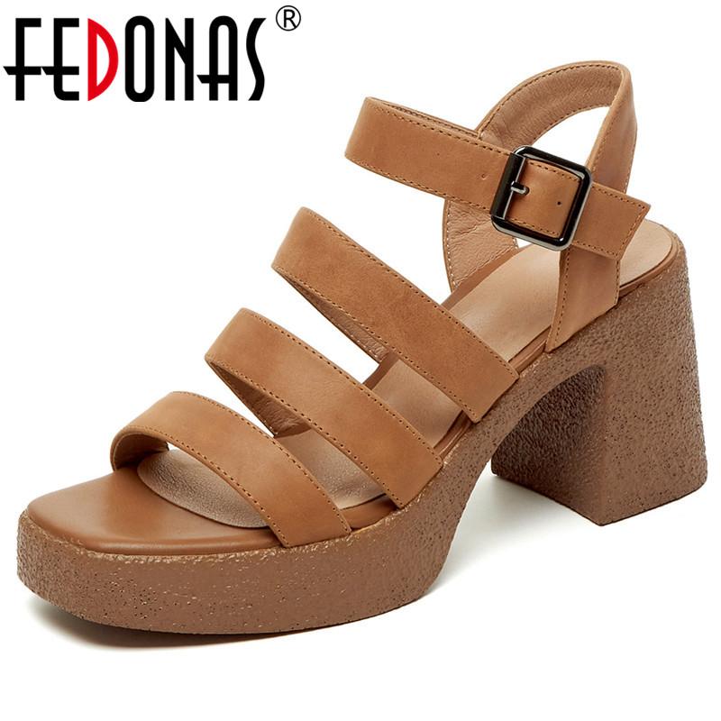 

Dress Shoes FEDONAS Retro Buckles Women Sandals 2021 Summer Est Genuine Leather High Heels Pumps Platform Night Club Party Woman, Black